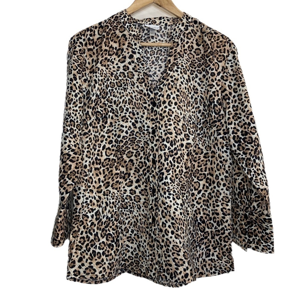 Harvé Benard leopard print linen & cotton 3/4 sleeve button up tunic blouse